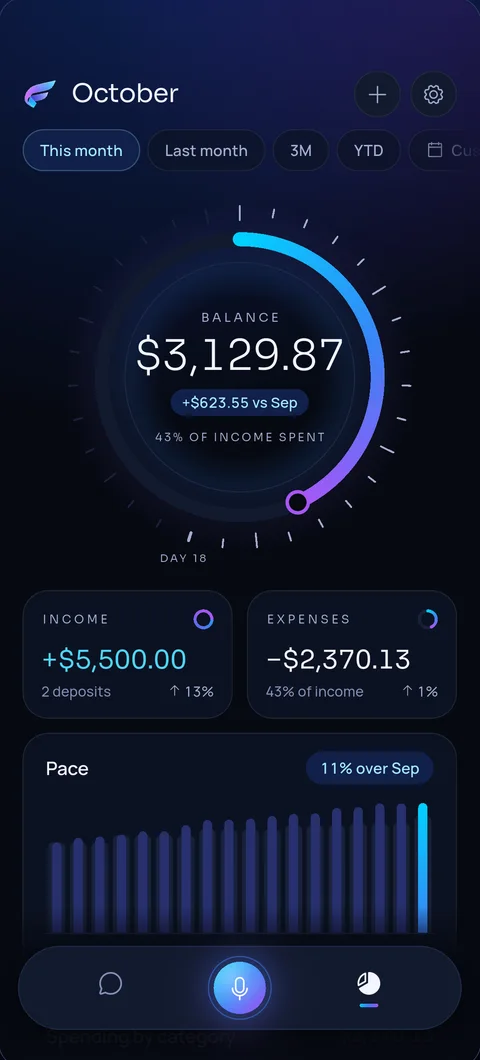 MyFinly dashboard: balance, income, expenses and pace for the month.